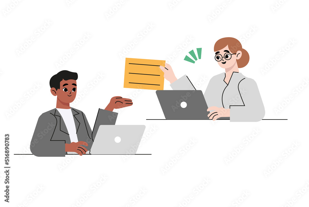 People working with laptops and computers at modern office desks. Male and female employees at workplaces. Colored flat vector illustration of busy men and women isolated on white background People working with laptops and computers at modern office desks. Male and female employees at workplaces. Colored flat vector illustration of busy men and women isolated on white background