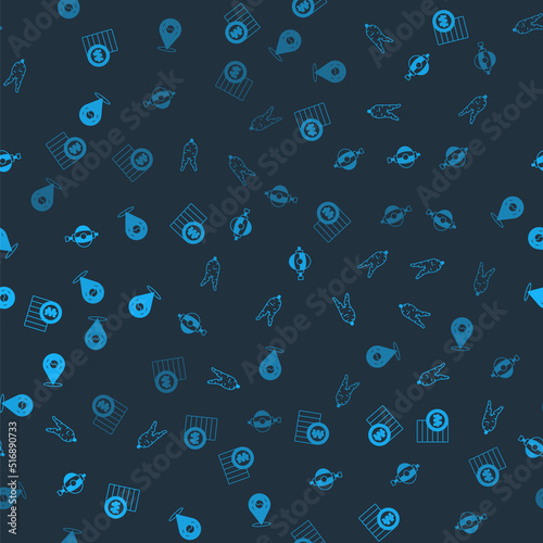 Set South Korean won coin, Ginseng root, lantern and Location on seamless pattern. Vector