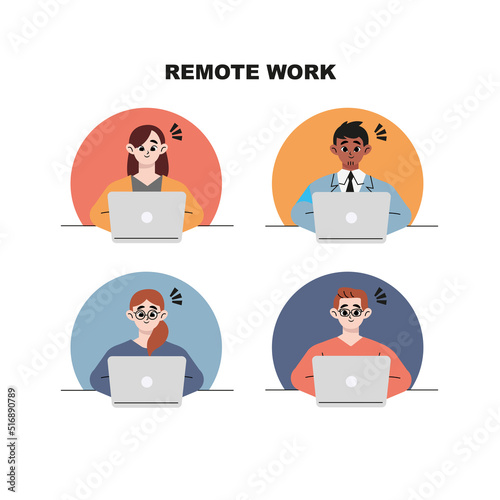 Happy business people is sitting at desktop. Work the computer, financial analytics. Office worker or company employee. Flat drawn style vector design illustrations.
