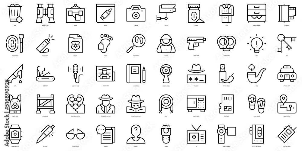 Set of thin line private detective Icons. Vector illustration