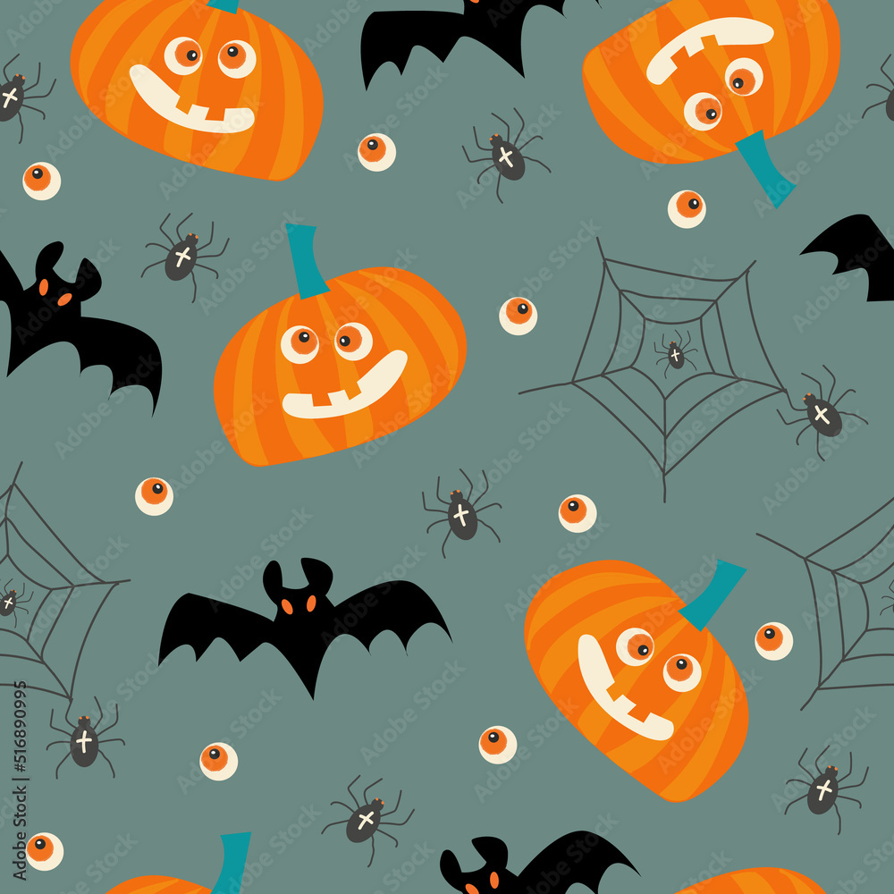 Seamless pattern of funny halloween characters such as pumpkin, bat and spider. Vector illustration on a dark background.