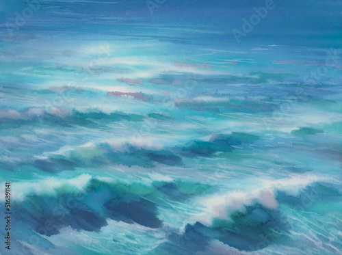 Blue lagoon sea watercolor landscape. Abstract background