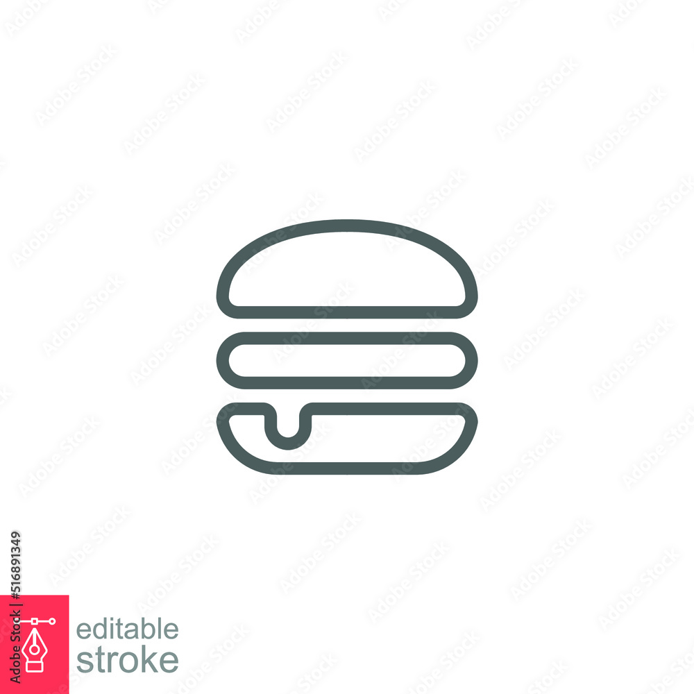 Obraz premium Hamburger icon. Simple outline style. Cheeseburger, fast food concept. Vector illustration isolated on white background. Editable stroke EPS 10.