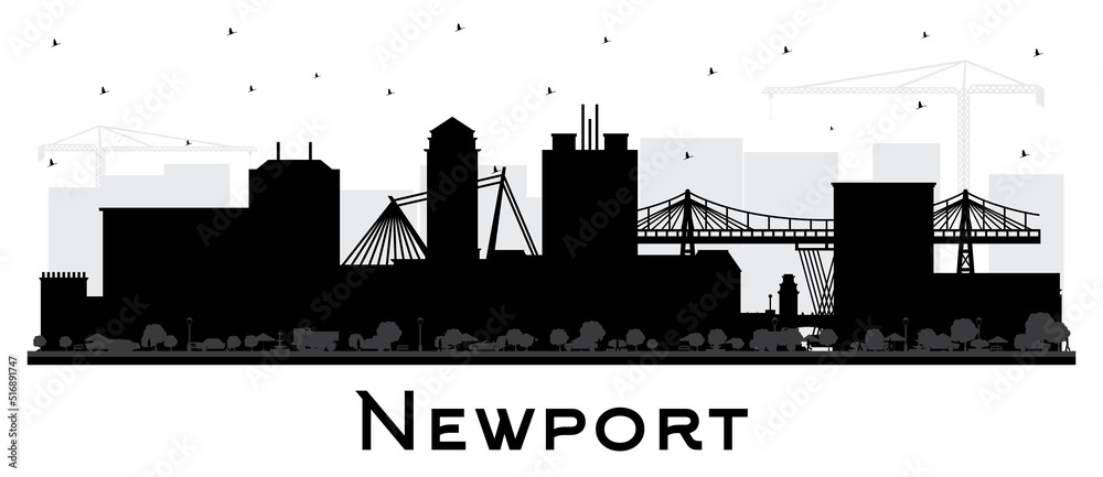 Newport Wales City Skyline Silhouette with Black Buildings Isolated on White.