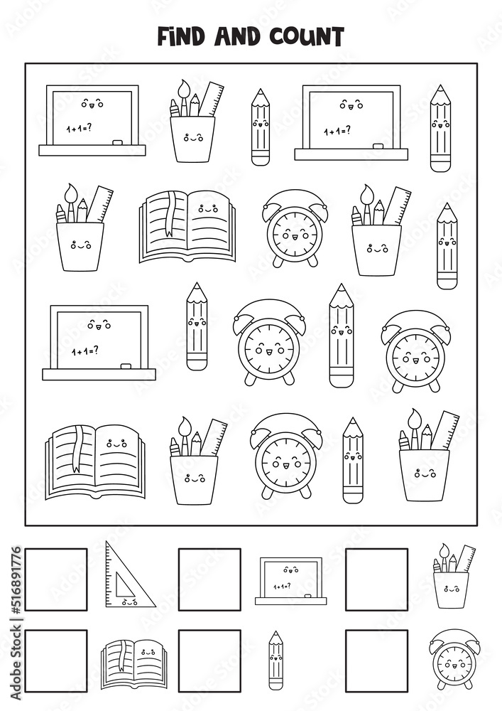 counting-game-with-cute-school-supplies-black-and-white-worksheet