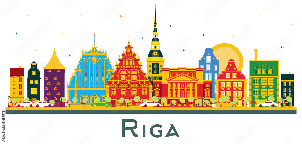 Riga Latvia City Skyline with Color Buildings Isolated on White.