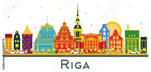 Riga Latvia City Skyline with Color Buildings Isolated on White.