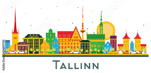 Tallinn Estonia City Skyline with Color Buildings Isolated on White.