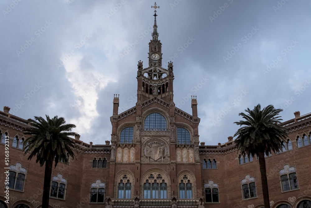 Architectural detail of the former Hospital de Sant Pau (Hospital of the Holy Cross and Saint Paul) in the neighborhood of El Guinardó, Barcelona, Catalonia, Spain
