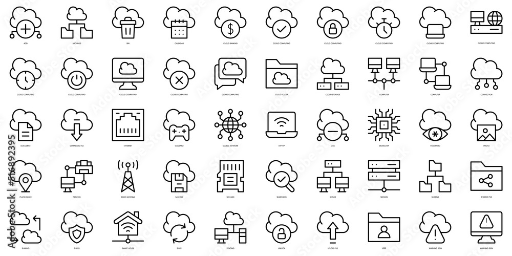 Set of thin line cloud computing and network Icons. Vector illustration