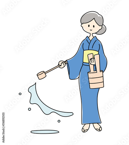 打ち水をする浴衣姿の女性のシンプルなイラスト（カラー）