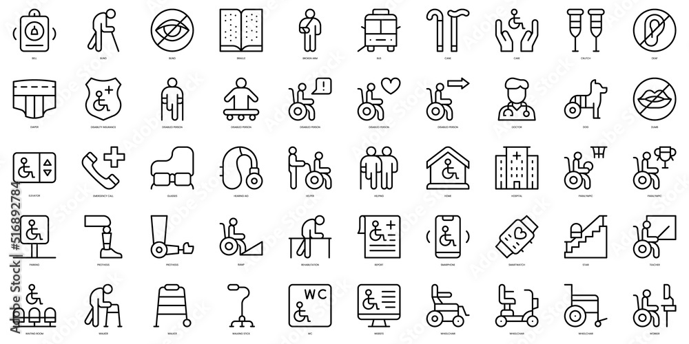Set of thin line disabled people assistance Icons. Vector illustration