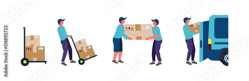 Delivery of goods on a trolley, a man carries a trolley with a load and puts it on the mail machine