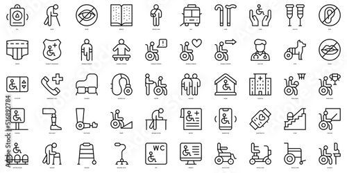 Set of thin line disabled people assistance Icons. Vector illustration