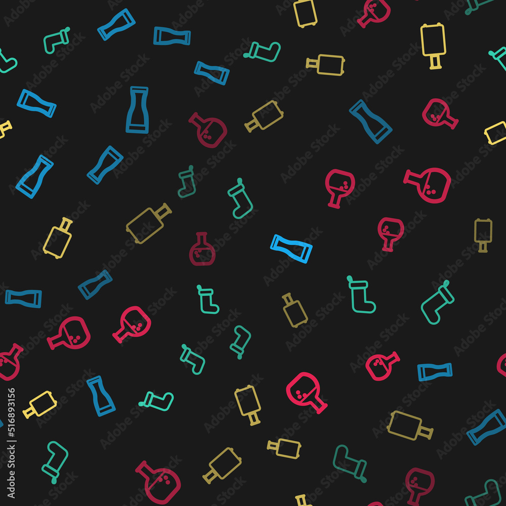 Set line Glass of beer, Christmas sock, Travel suitcase and Test tube and flask on seamless pattern. Vector