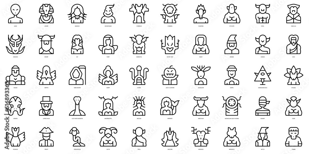 Set of thin line mythical creatures Icons. Vector illustration