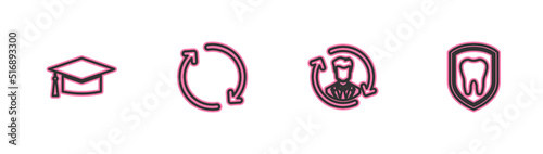 Set line Graduation cap, Human resources, Refresh and Dental protection icon. Vector