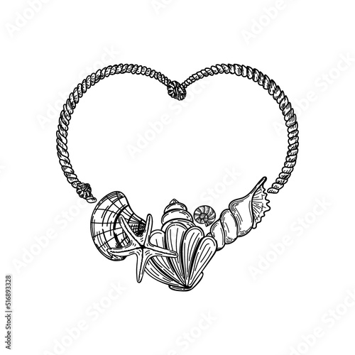 Heart-shaped frame in a nautical style, hand-drawn doodle elements in sketch style. Sea creatures. Rope with knots. Sea-Ocean. Template for photos, social media and posters.