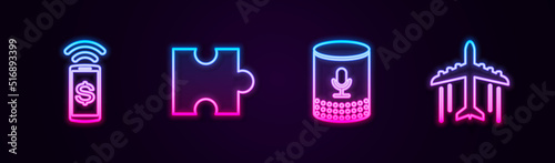 Set line Contactless payment, Piece of puzzle, Voice assistant and Plane. Glowing neon icon. Vector