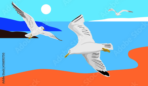 Landscape with gulls. Sea, islands, sky, sun, flaying seagulls. Vector illustration  © Paolo