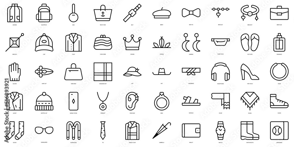Set of thin line fashion accessories Icons. Vector illustration