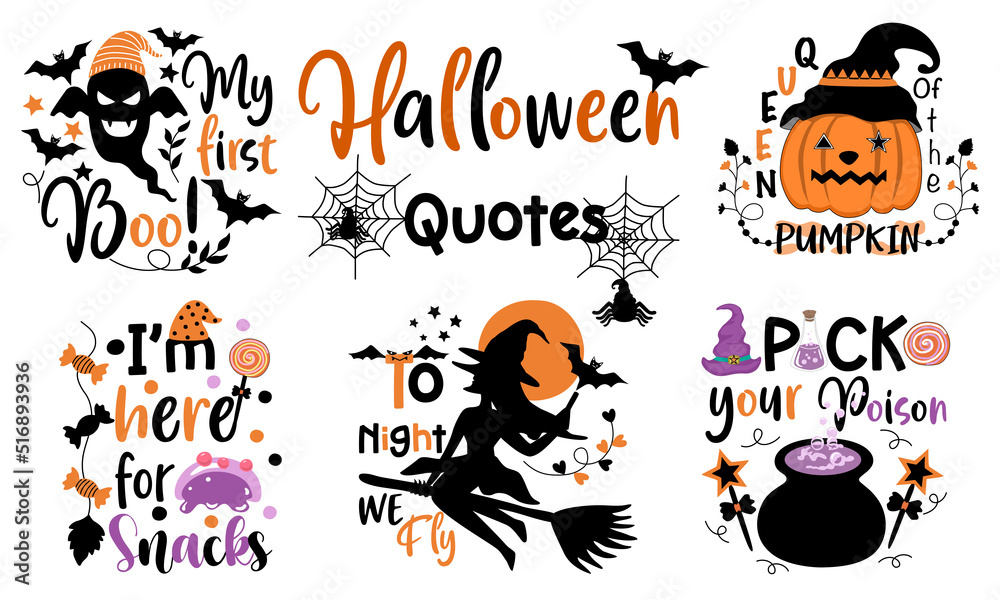 Halloween quotes set designed in doodle style in black and orange tones on white background for