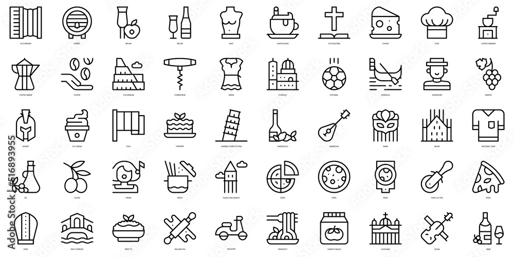 Set of thin line italy Icons. Vector illustration
