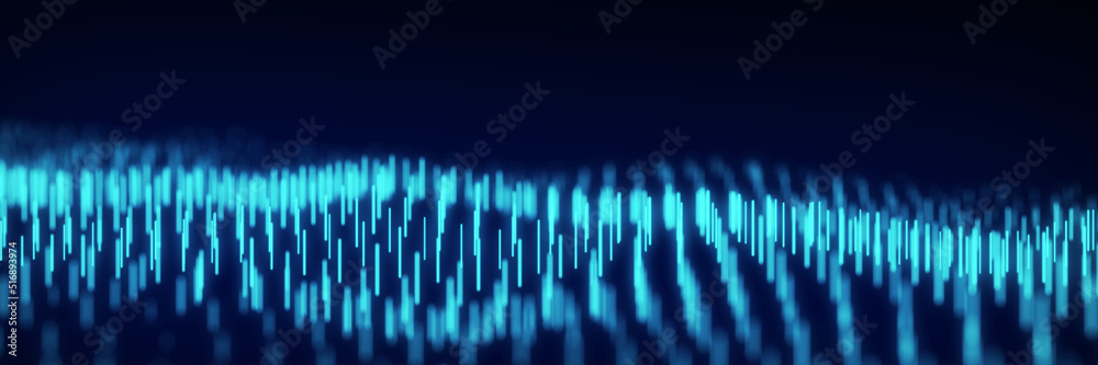 Abstract dynamic wave flow of vertical blue glow lines on a dark background. Digital wave background concept. Big data visualization. 3D rendering.