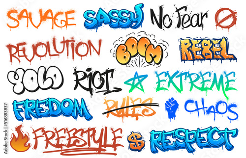Rebellious graffiti lettering. Riot street art scribbles, freedom and revolution tags. Urban freestyle wall taging vector set photo