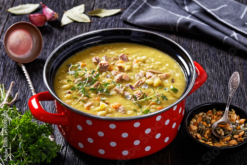 Finnish split pea soup Hernekeitto with pork meat photo