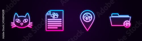 Set line Cat, Medical certificate for dog or cat, Location veterinary and record folder. Glowing neon icon. Vector