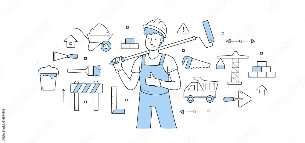 Construction and building doodle concept. Repair service worker in uniform with roller tool. Builder, repairman, renovation employee or foreman character with equipment, Line art vector illustration Construction and building doodle concept. Repair service worker in uniform with roller tool. Builder, repairman, renovation employee or foreman character with equipment, Line art vector illustration