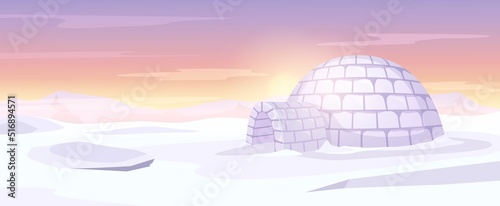 Igloo on Arctic landscape. Ice house, Anarctica snowy background and snow hut vector illustration