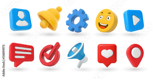 Marketing 3D icons. Location pin, check mark, yellow smile emoji and notification bell. Contacts and settings, megaphone and play video button vector set