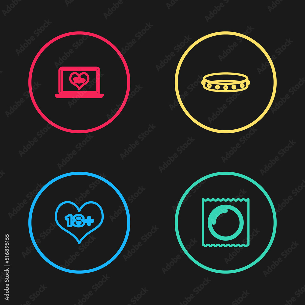 Set line 18 plus content heart, Condom in package, Leather fetish collar and Laptop with icon. Vector Set line 18 plus content heart, Condom in package, Leather fetish collar and Laptop with icon. Vector