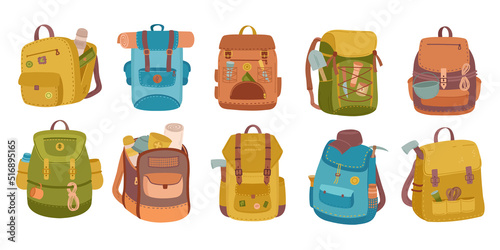 Tourist backpack. Camping bags, hiker knapsack with mountain journey equipment vector icons set