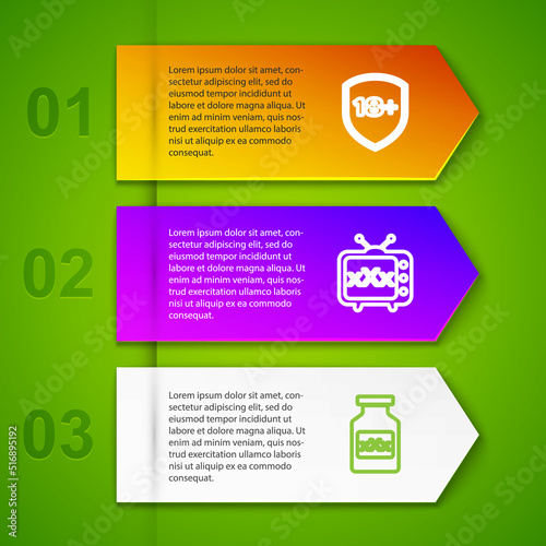 Set line Shield with 18 plus, Sex tv old television, Bottle pills for potency and Male gender symbol. Business infographic template. Vector