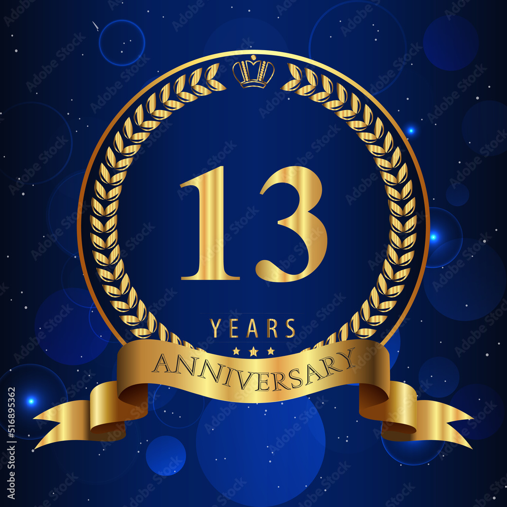 13 Years Anniversary celebration logotype with gold laurel wreaths and ribbons isolated on dark blue bokeh background. Premium design for happy birthday, greetings card, invitation card, poster.