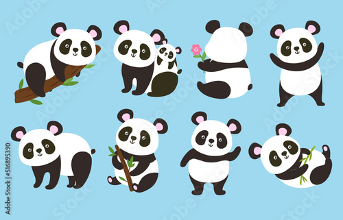 Cute pandas. Cartoon bear mascot  panda with bamboo branch and adorable animal vector illustration set