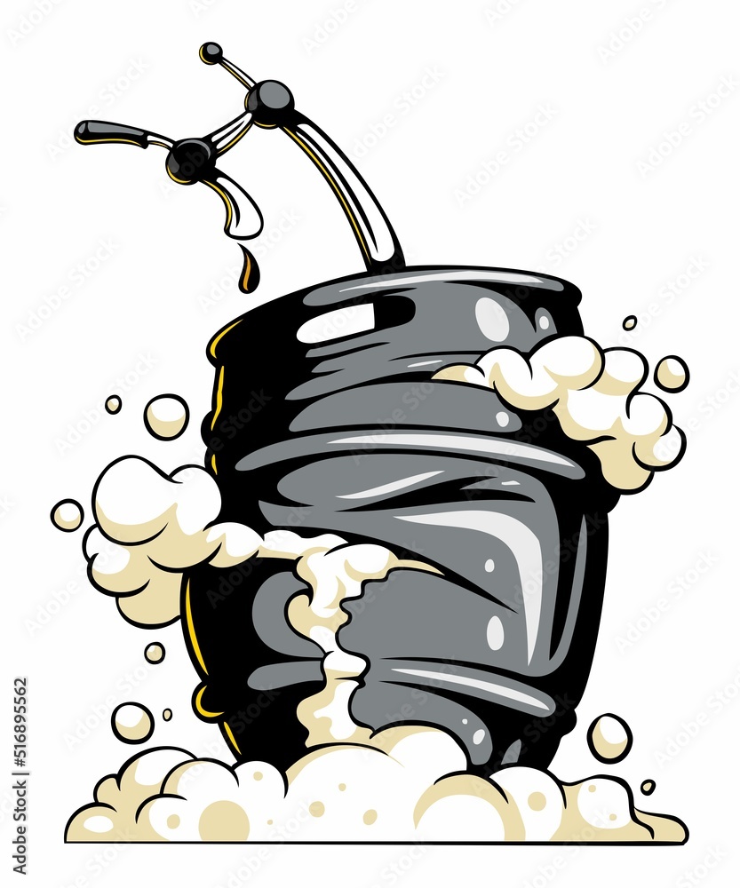 Cartoon, comic book style broken beer keg image, isolated on white
