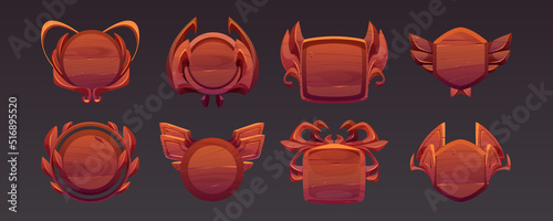 Game level or avatar frames, ui icons, buttons, ranking badges or achievement banners, wooden bordering decor. Isolated award or bonus Vector graphic elements for rpg, 2d design