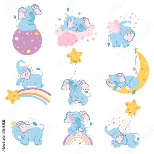 Dreamy elephants character. Cute animal sleep on moon, baby elephant dream on clouds and stars pastel vector Illustration set