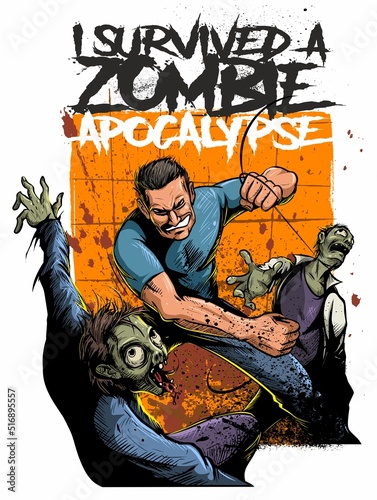 A man fighter, crushing zombies. I survived a zombie apocalypse, comic book style illustration, shirt design.