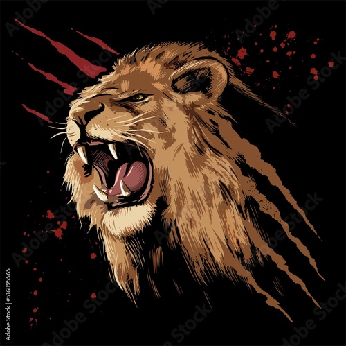 Papier peint Roaring lion face with the claws scratches and blood stains on background
