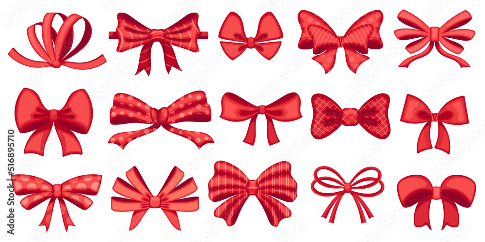 Cartoon red bow. Ribbon knot decoration, gift bows and present tie.  Accessories vector illustration set Stock Vector