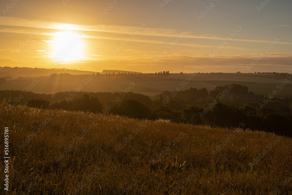 Spectacular sunrise in the rolling hill landscape in the south of Limburg with a view on the meadows and on a row of poplar trees, creating the feeling of being in the Siena Province of Italy.