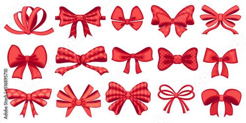 Cartoon red bow. Ribbon knot decoration, gift bows and present tie. Accessories vector illustration set