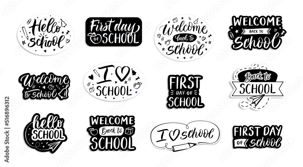 Back to school emblems. Handwritten welcome to school, first day and i love labels. Calligraphy phrase vector set - obrazy, fototapety, plakaty 