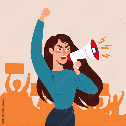 Women with placards and loudspeakers at the protest. Fight for equality, women's rights. Vector flat illustration