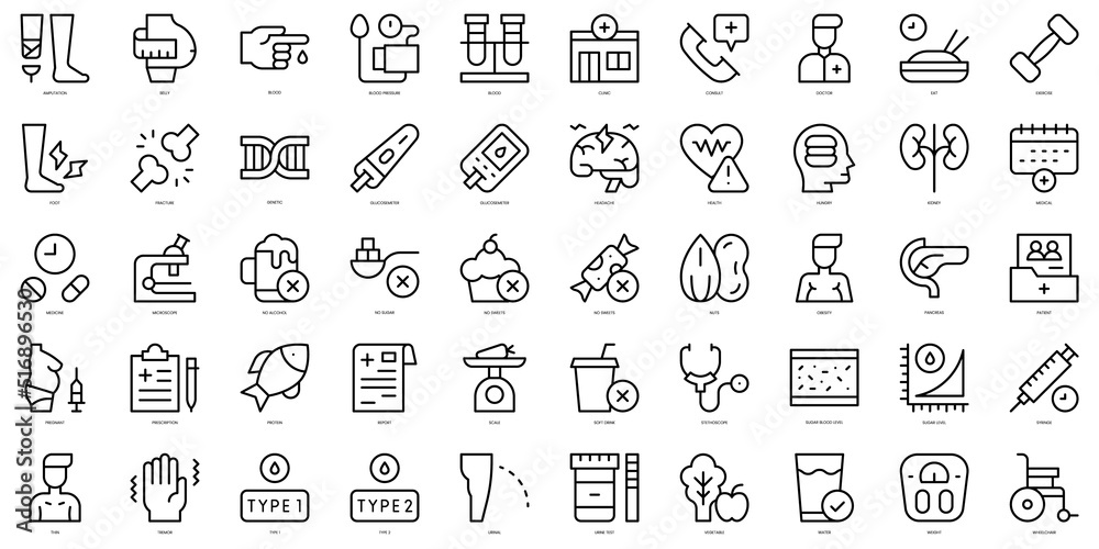 Set of thin line diabetes Icons. Vector illustration
